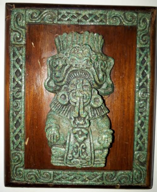 RARE Two Pieces of Zarebski 3D Mayan Aztec Art, in Malachite Resin and Walnut Wood