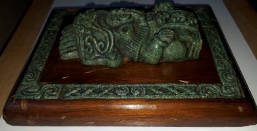 RARE Two Pieces of Zarebski 3D Mayan Aztec Art, in Malachite Resin and Walnut Wood