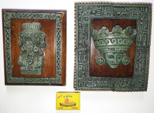 RARE Two Pieces of Zarebski 3D Mayan Aztec Art, in Malachite Resin and Walnut Wood