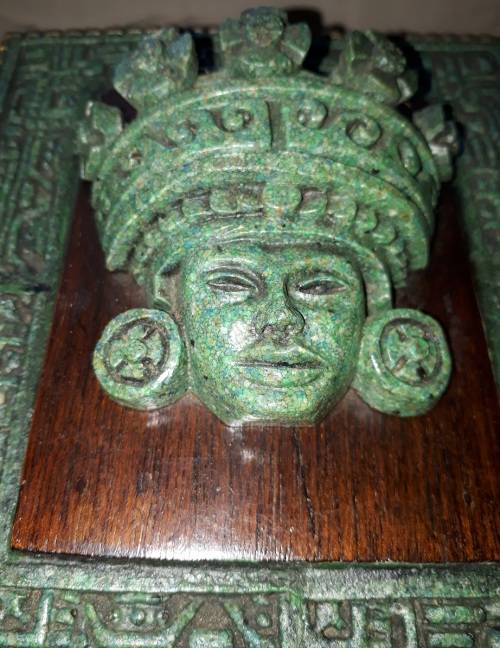RARE Two Pieces of Zarebski 3D Mayan Aztec Art, in Malachite Resin and Walnut Wood