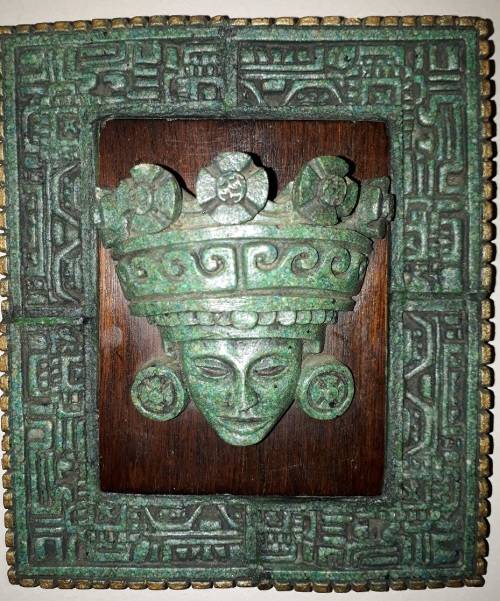 RARE Two Pieces of Zarebski 3D Mayan Aztec Art, in Malachite Resin and Walnut Wood