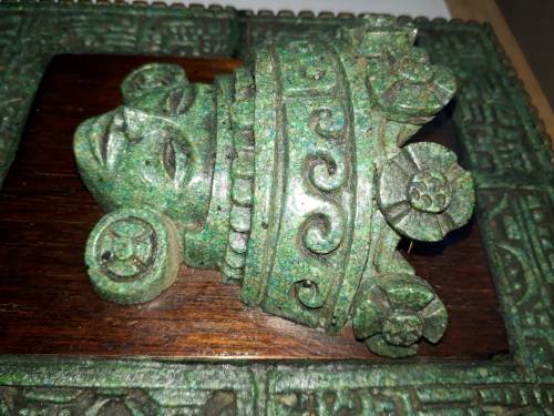 RARE Two Pieces of Zarebski 3D Mayan Aztec Art, in Malachite Resin and Walnut Wood