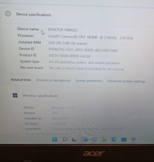 Acer Aspire E 15 Start, 15.6` LED display, Intel Celeron N2840, 4Gb Memory, 464Gb HDD, Windows 11