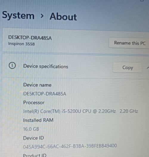 Dell Inspiron 15 3558, i5-5200U@2.2GHz, Nvidia GeForce 920M GPU 2GB VRAM, 16GB RAM, 256GB SSD