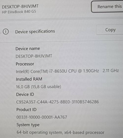 HP EliteBook 840 G5, Intel i7-8650U 8th gen processor, 16Gb Memory, 256GB M.2 Micron SSD, Windows 11