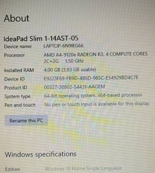 Lenovo IdeaPad Slim 1-14AST-05, A4-9120e processor@2.2GHz, Radeon R3 graphics, 4GB Memory, 64GB eMMC
