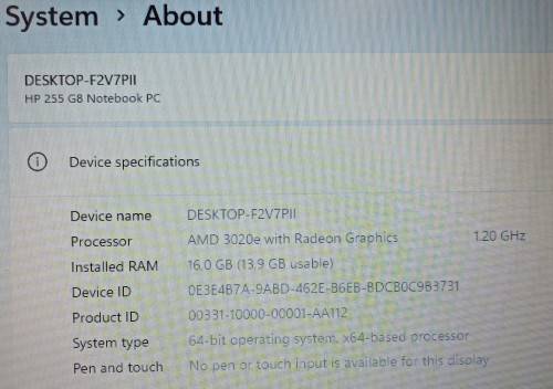 HP 255 G8, AMD 3020e with Radeon Graphics, 16GB RAM, 256GB M.2 NVMe SSD, 15.6` 1366x768 LED display