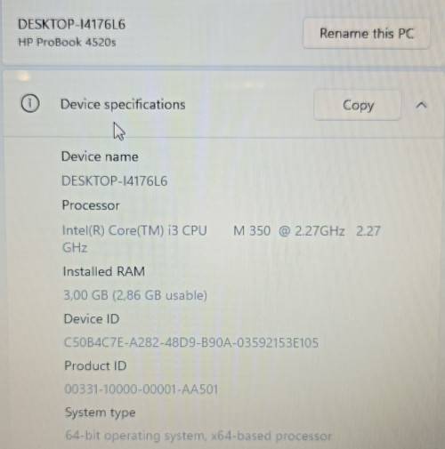 HP ProBook 4520s, 15.6` display,  Intel i3-M350@2.27GHz, 3GB Memory, 300GB HDD, Windows 11Pro