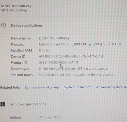 HP EliteBook 8570p, i7-3520M@2.9GHz, Radeon HD7570M Graphics, 8GB RAM,. 500GB HDD, Win 11Pro