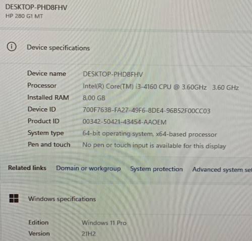 HP 280 G1 MT Business PC, Intel i3-4160@3.6GHz, 8GB RAM, 500GB HDD, AOC 23` FHD monitor, Windows 11