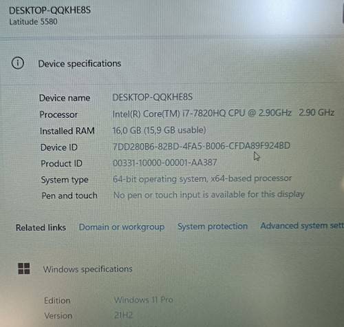 Dell Latitude E5580, Intel 7th Gen i7-7820HQ@2.9GHz, Nvidia GeForce 940MX GPU, 16GB RAM, 240GB NVMe