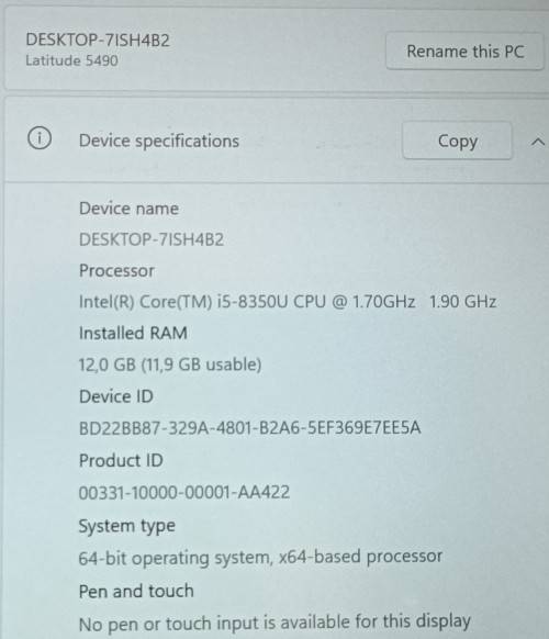 Dell Latitude E5490, 8th Gen i5-8350U@1.9GHz, 12GB RAM, Samsung 250GB SSD, FHD 14` LED Display