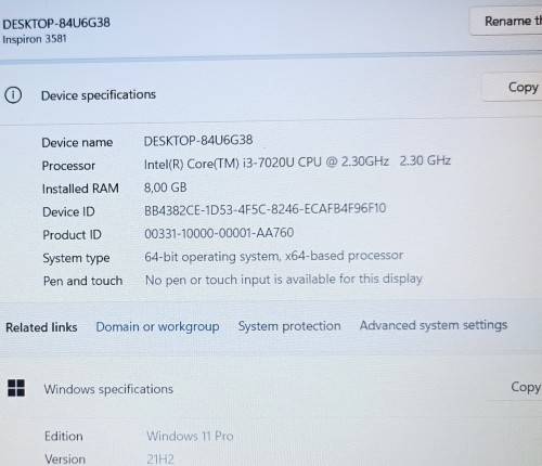 Dell Inspiron 3581 Carbon,7th Gen Intel i3-7020U@2.3GHz, 8GB RAM, 1TB HDD, 15` FHD display, Win11