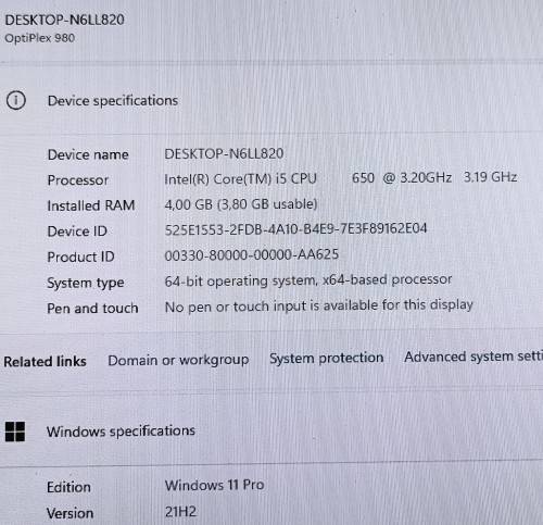 Dell OptiPlex 980, Intel i5-650@3.2GHz, 4GB Memory, 500GB Hard Disk Drive, Windows 11 Pro