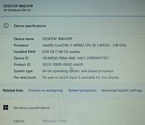 HP EliteBook 850 G3, Intel i7-6600U@2.81GHz, Radeon R7-M365X GPU, 8GB RAM, 256GB m.2 SSD, 15` FHD
