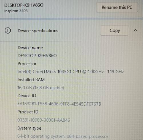 10th Gen Dell Inspiron 3593, i5-1035G1@1.19GHz, 16GB RAM, 256GB m.2 SSD, 15.6` HD Display, Win 11