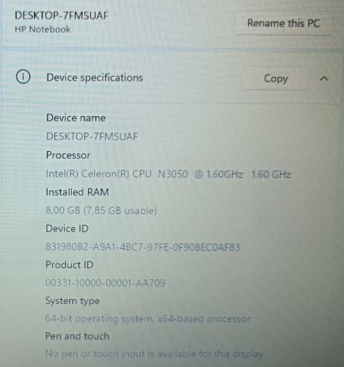 HP Notebook - 15-ac100ni, Intel® Celeron® N3050@1.6GHz, 8GB RAM, 240GB SSD, 15.6` HD Display, Win 11
