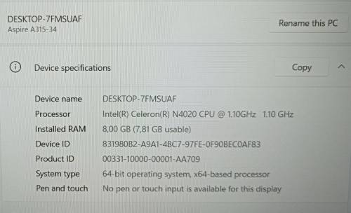 Acer Aspire 3 A315-34, Intel Celeron N4020@1.1GHz, 8GB RAM, 500GB HDD, 15.6` FHD Display, Win 11