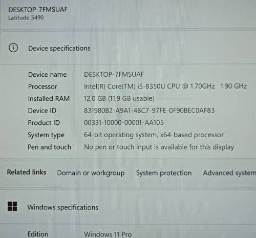 Dell Latitude 5490, 8th Gen Intel i5-8350U, 12GB RAM, 500GB m.2 SSD, 14` FHD LED Display, Windows 11