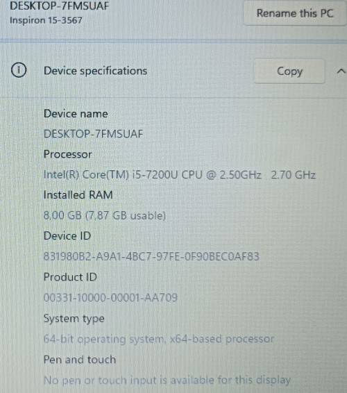 Dell Inspiron 15 3567, 7th Gen i5-7200U@2.5GHz, 8GB RAM, 240GB SSD, 15.6` HD Display, Windows 11