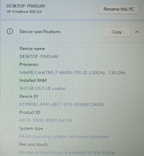 HP EliteBook 840G5, Intel i7-6600U@2.6GHz, 16GB RAM, 256Gb NVMe SSD, 14` FHD Display, Win11
