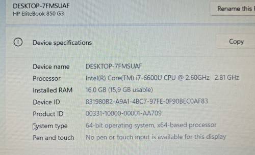 HP EliteBook 850G3, Intel i7-6600U@2.6GHz, 16GB RAM, 256GB NVMe SSD, 1TB HDD, 15.6` FHD Display