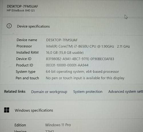 HP EliteBook 840G5, AMD RX540 Graphics, 8th Gen i7-8650U, 16GB RAM, 256GB m.2 SSD, 14" FHD Display