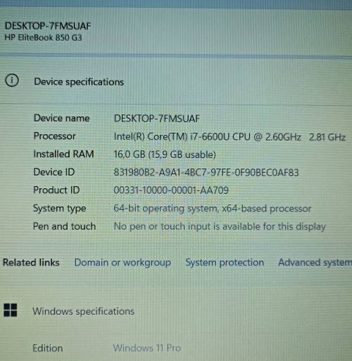 HP EliteBook 850G3, Intel i7-6600U@2.6GHz, 16GB RAM, 256GB m.2 SSD, 500GB HDD, 15.6` FHD Display