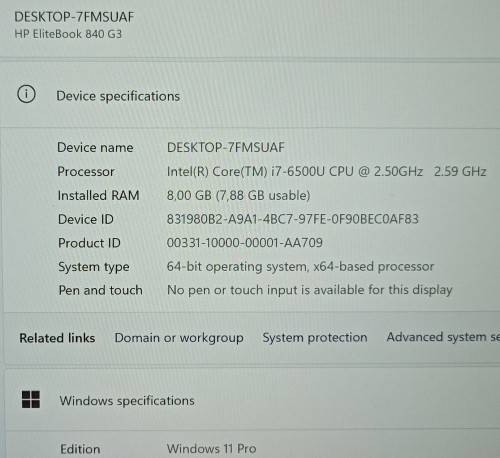 HP 840 G3, 14` WQHD (2560x1440) Display, Intel i7-6500U@2.5GHz, 8GB RAM, 256GB m.2 SSD, Win 11