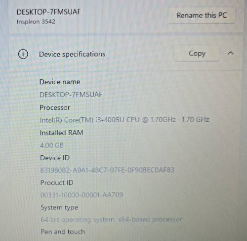 Dell Inspiron 15-3542, Intel i3-4005U@1.7GHz, 4GB RAM, 500GB HDD, 15.6` HD Display, Win 11