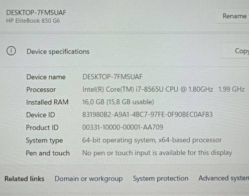 HP EliteBook 850G6, 8th Gen i7-8565U@1.8GHz, 16GB RAM, 256GB NVMe SSD, 15` FHD Display, Win 11