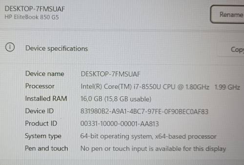 HP EliteBook 850G5, RX 540 GPU, 8th Gen i7-8550U@1.8GHz, 16GB RAM, 256GB NVMe SSD, 15` FHD Display