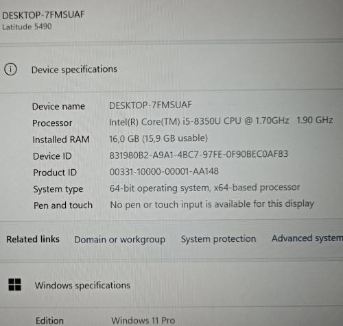 Dell Latitude 5490, 8th Gen i5-8350U@1.7GHz, 16GB RAM, 256GB NVMe SSD, 14` FHD Display, Windows 11 P