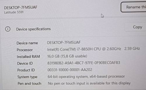 Dell Latitude 5591, Nvidia MX130 GPU, i7-8850H@2.6GHz, 16GB RAM, 256GB m.2 SSD, 15` FHD Display