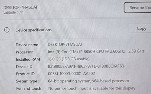 Dell Latitude 5591, Nvidia MX130 GPU, i7-8850H@2.6GHz, 16GB RAM, 256GB m.2 SSD, 15` FHD Display