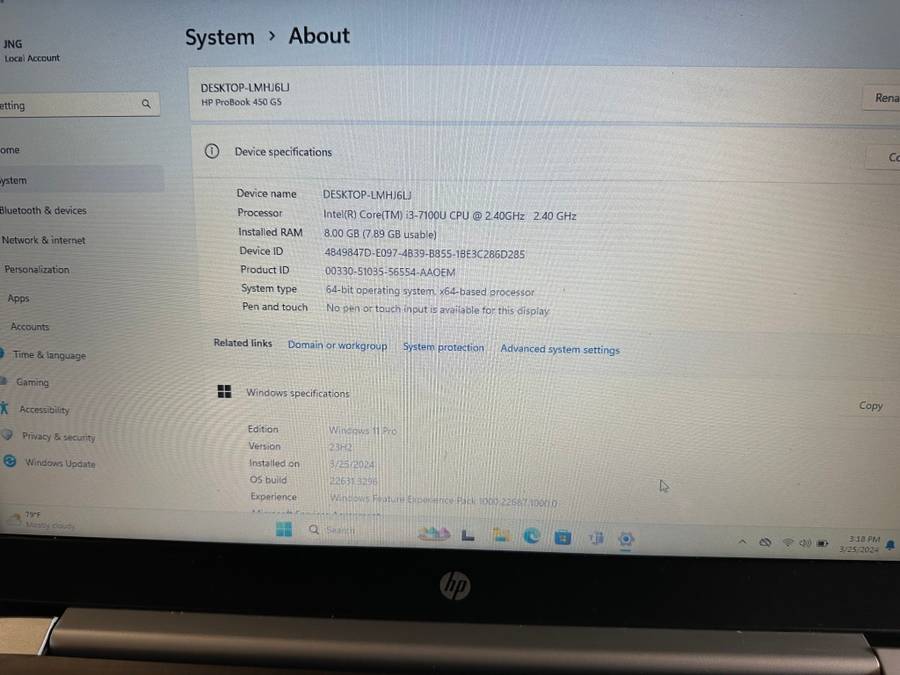 HP PROBOOK 450 G5 CORE 13 7TH GEN 8GB RAM 256GB SSD