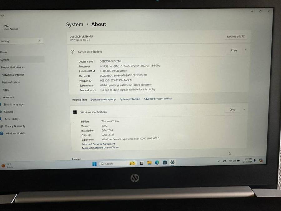 HP ProBook 450 G5  Core i7-8550U, 8GB RAM, 256GB NVMe SSD,, 15.6` FHD Display NVIDIA GEFORCE 930MX