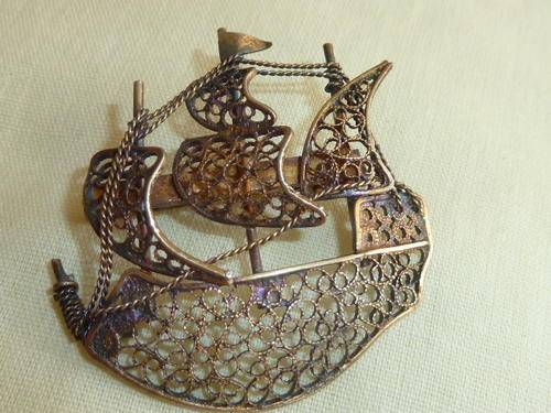 Scarce silver ship Filigree Brooch