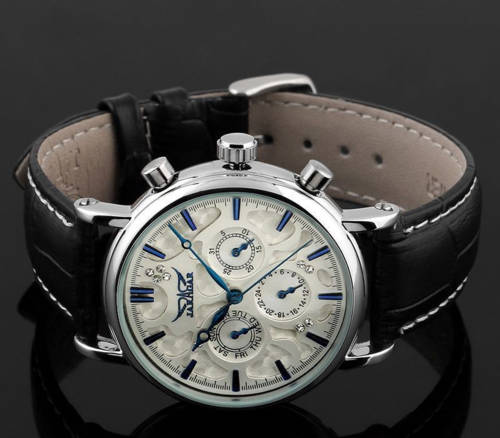 Jaragar Mechanical 6-Hand Black Leather Gents Watch #STUNNING