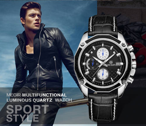 Megir Quartz Men Watch Genuine Leather