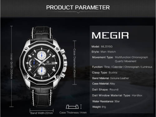 Megir Quartz Men Watch Genuine Leather