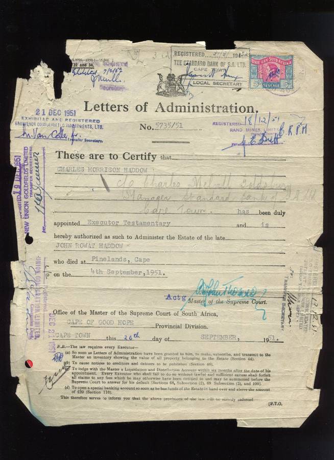 Union of SA - Document - Letters of Administration - 5 /- 1946 Stamp - Langues Error