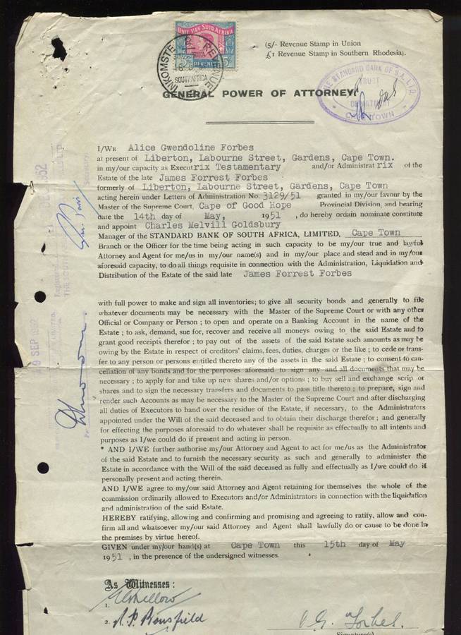 Union of SA - Document - General Power of Attorney - 5 /- 1946 Stamp - Langues Error