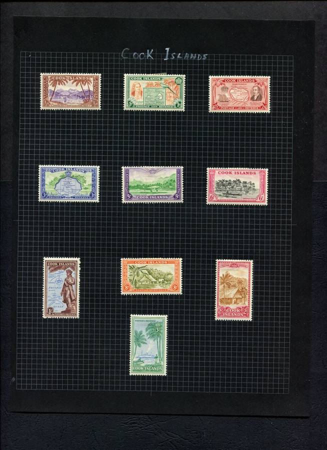 Cook Islands - Set of 10 Stamps Mounted (Hinged) on Old Album Page