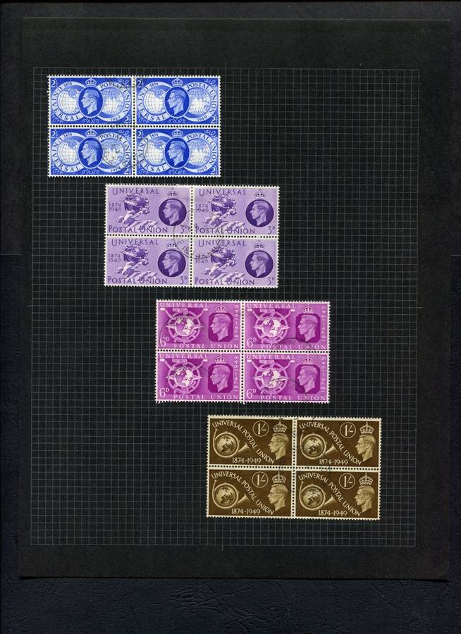 Great Britain - Set of 4 Blocks of 4 (Used) Mounted (Hinged) on Old Album Page
