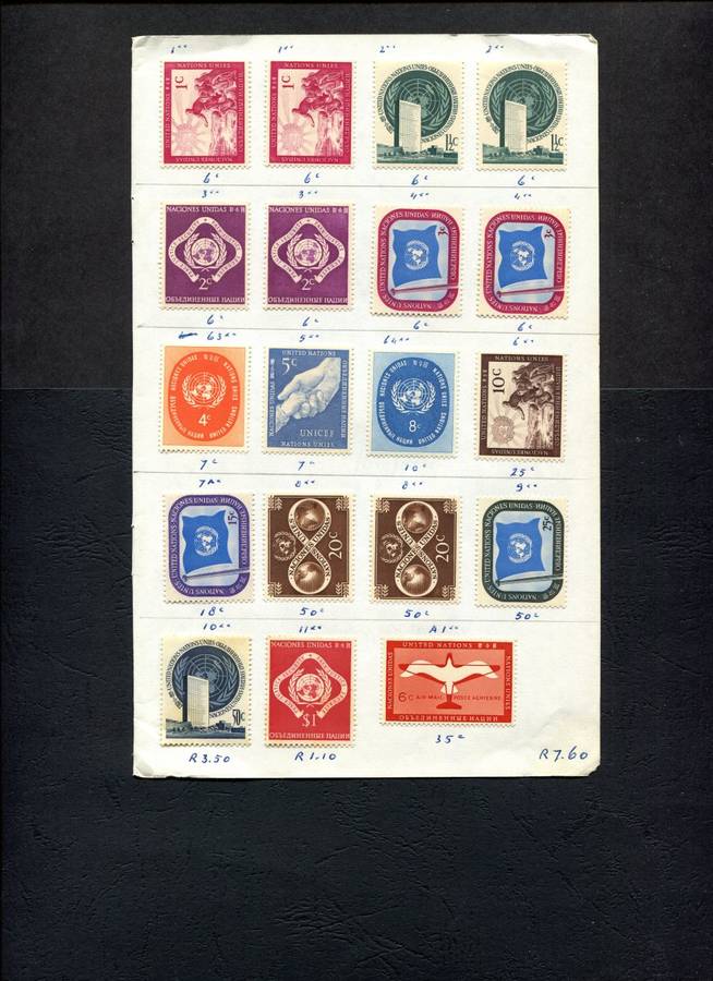 UN - 19 Stamps Mounted (Hinged) On Old Approval Page