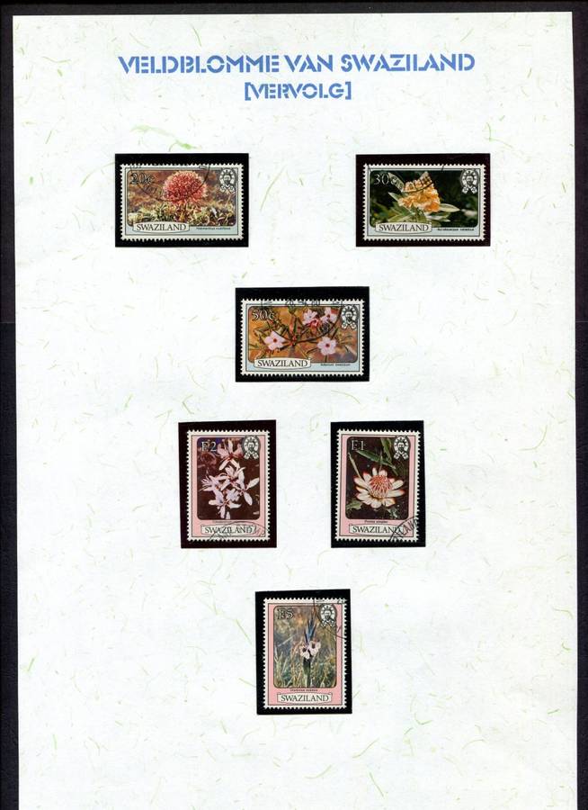 Swaziland - Flowers - 15 Stamps Mounted (Hinged) on 2 Old Album Pages