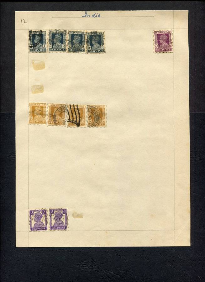 India - 11 Stamps Mounted (Hinged) on Old Album Page
