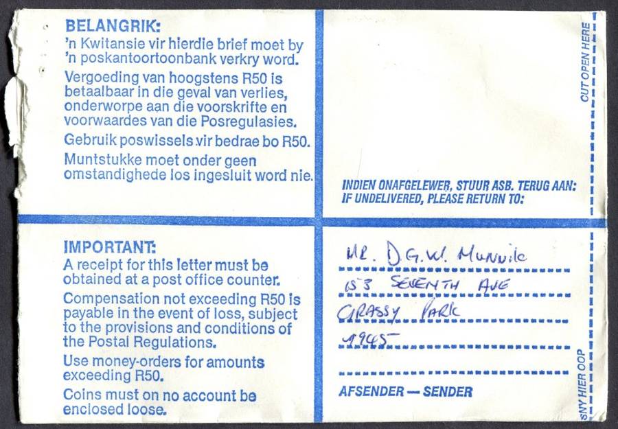 RSA - Cover Registered At Grassy Park Post Office
