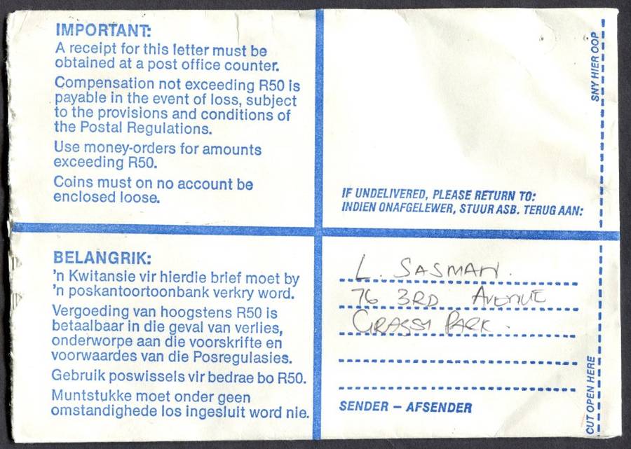 RSA - Cover Registered At Grassy Park Post Office